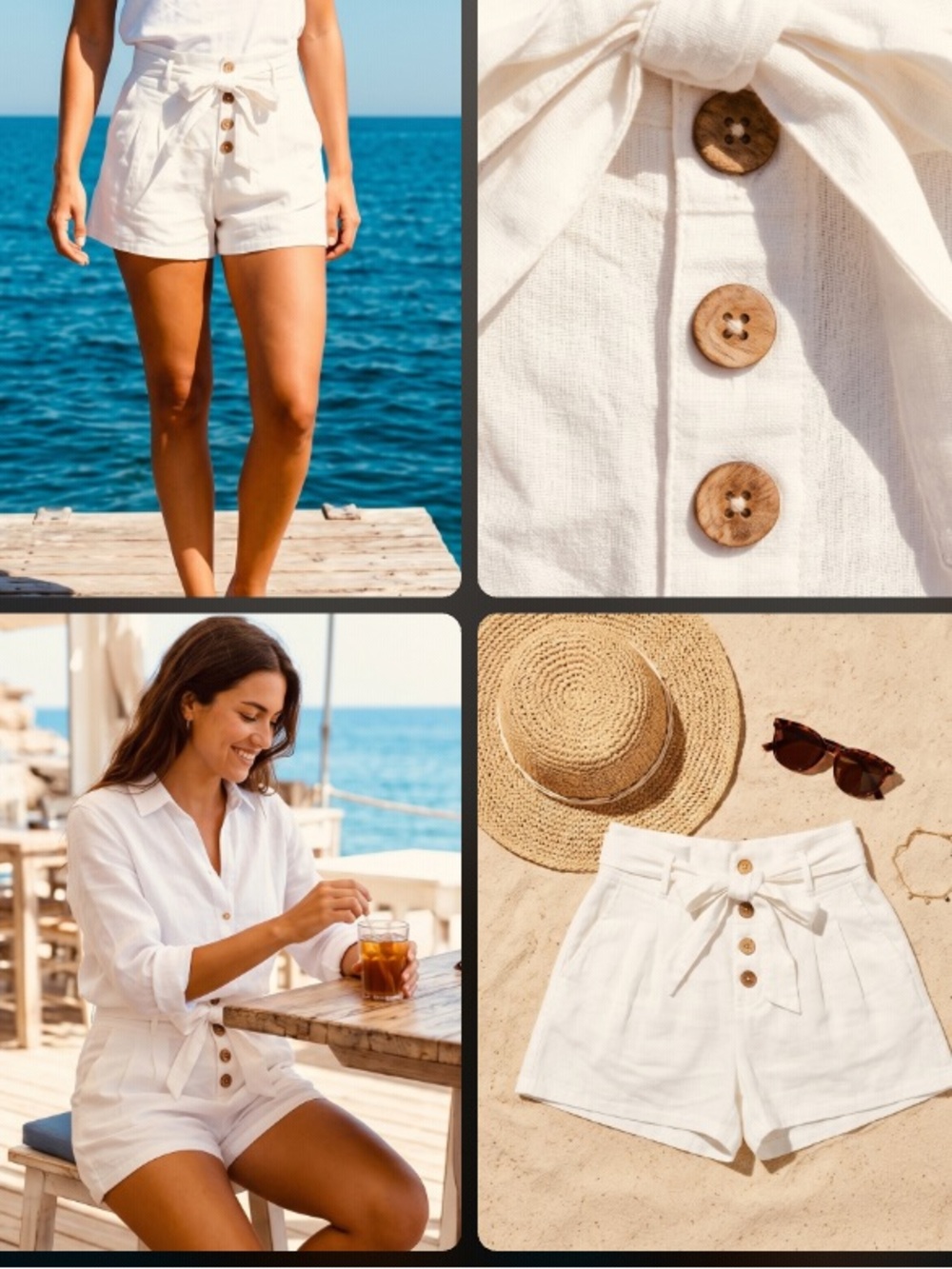 High-Waisted White Linen Look Tie-Front Shorts | Resortwear NWT size L